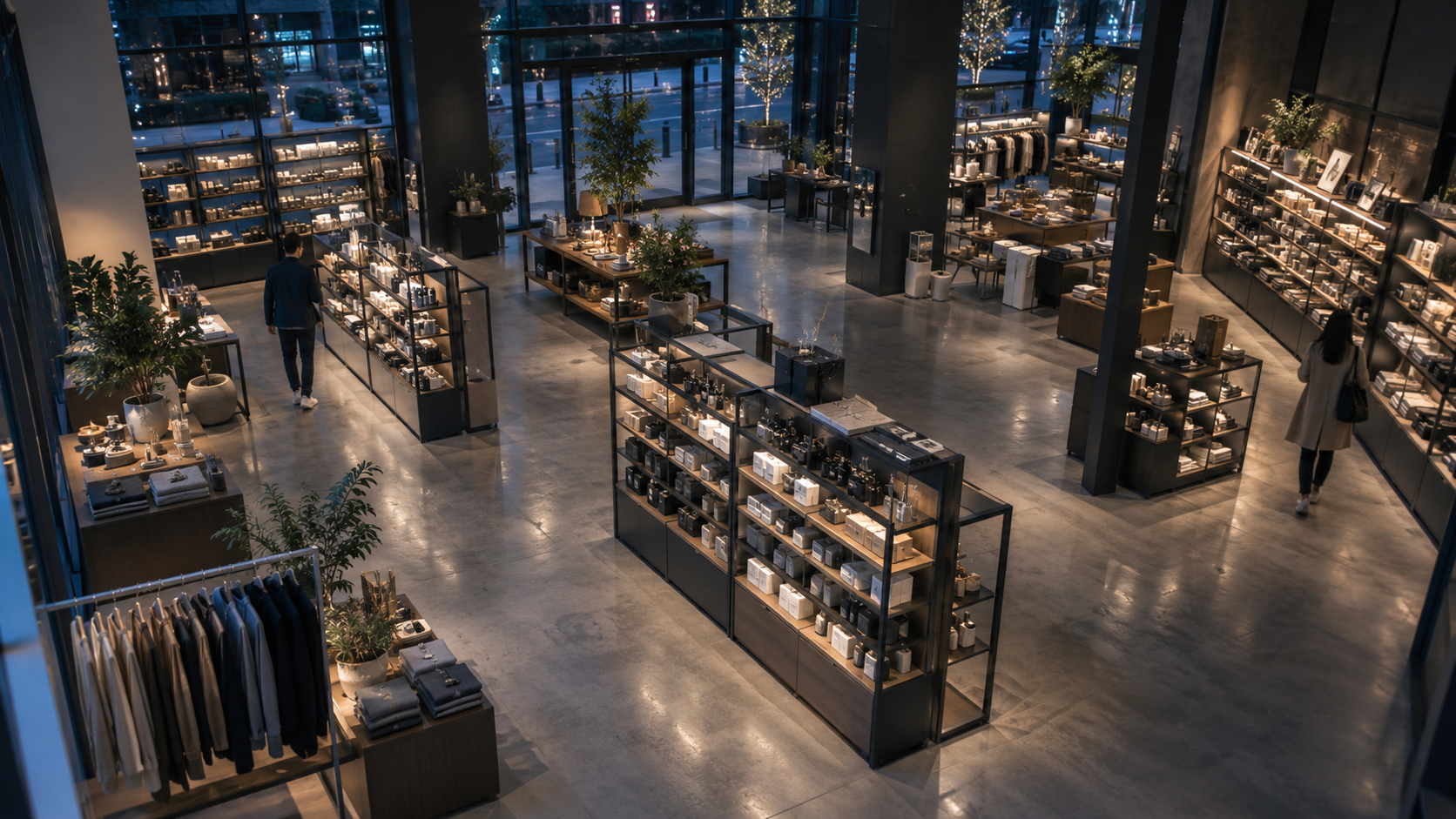 Illustrative elevated view of a retail store aisle